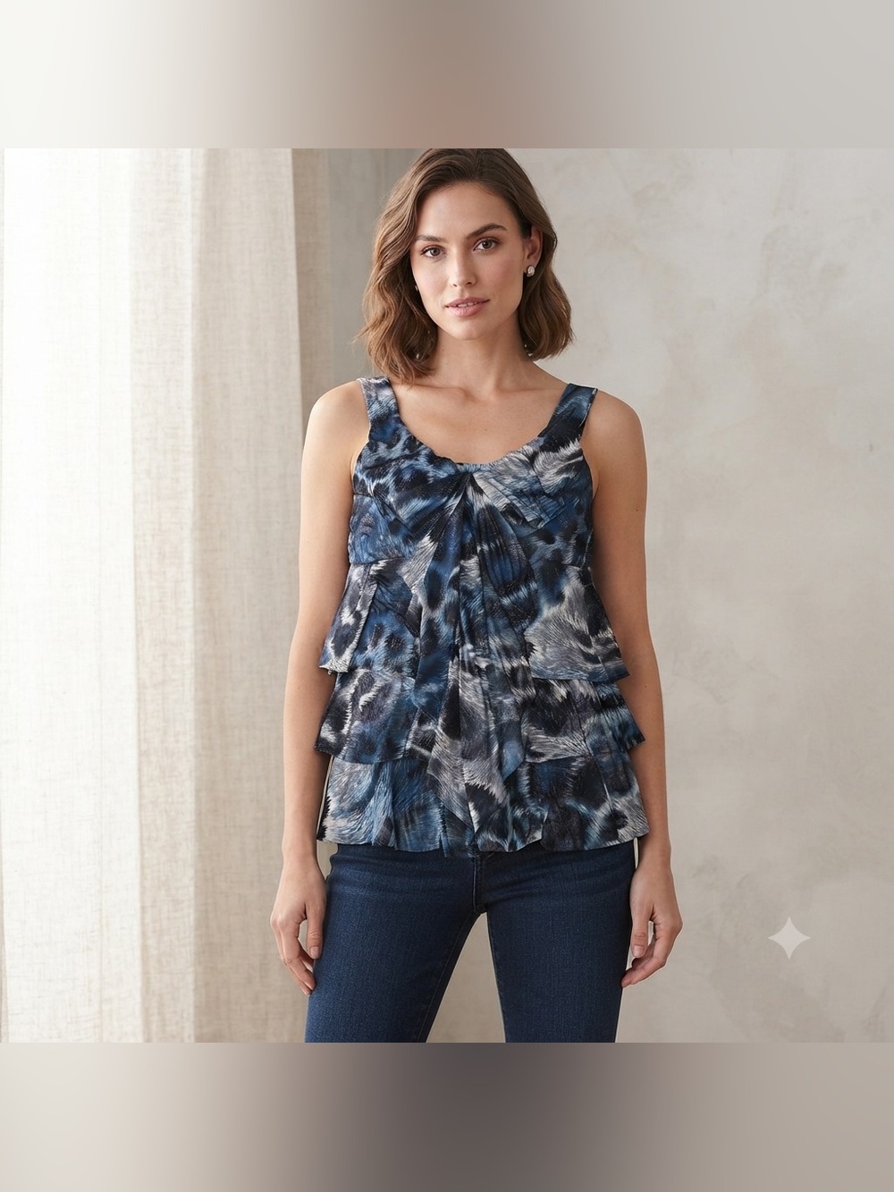 Mode de Vie Y2K Blue Animal Print Tiered Ruffle Tank Top Sleeveless Size Small